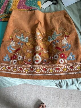 Simplee Apparel Burnt Orange Embroidered Corduroy Mini Skirt